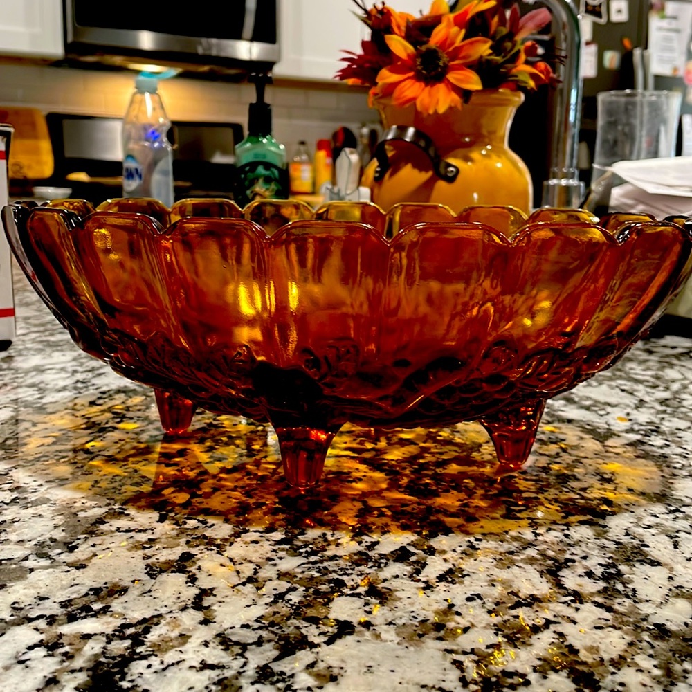 Amber Glass Footed Serving Bowl - Decorative Candy Dish